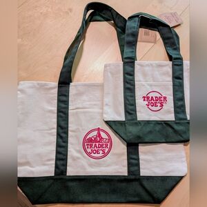 NEW Trader Joe's Large And Mini  Canvas Totes In Green and White (Set Of 2)